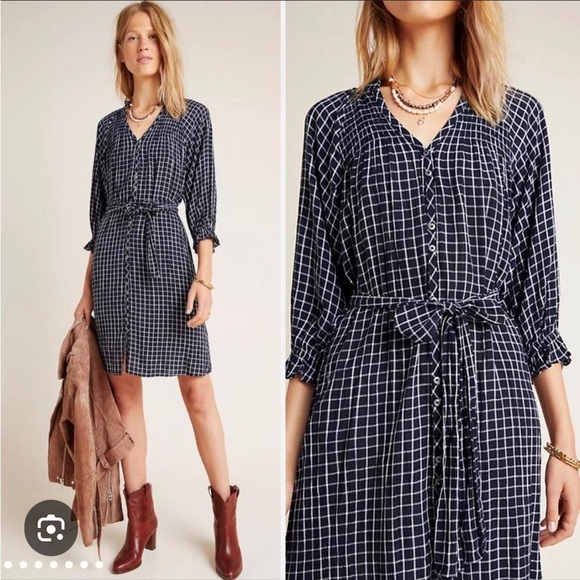 Anthropologie Dresses & Skirts - Anthropologie Maeve Sara Smocked Shirtdress Navy Small  Cottagecore Coquette